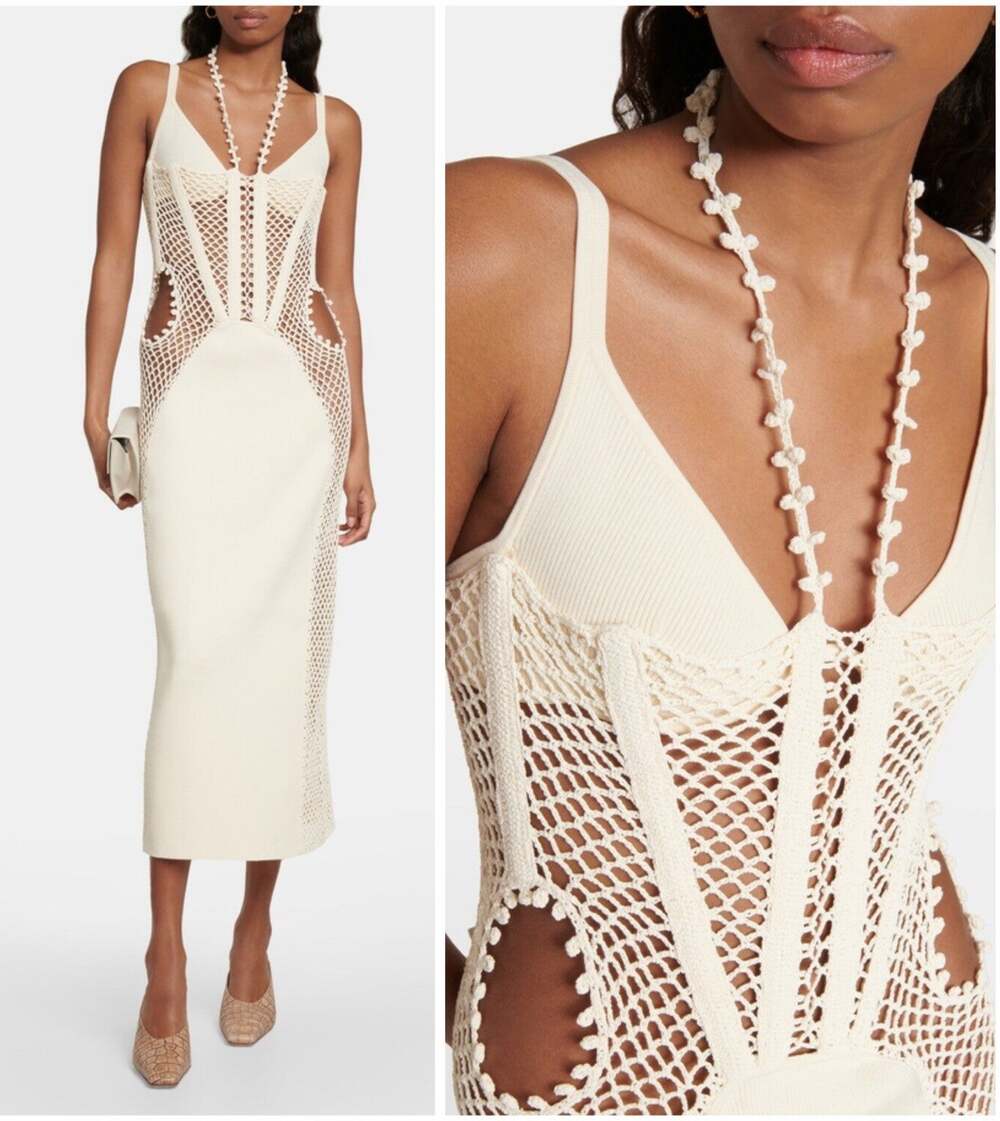 NWT Dion Lee Coral Crochet Paneled Cutout Midi Dress Cream Medium $1570